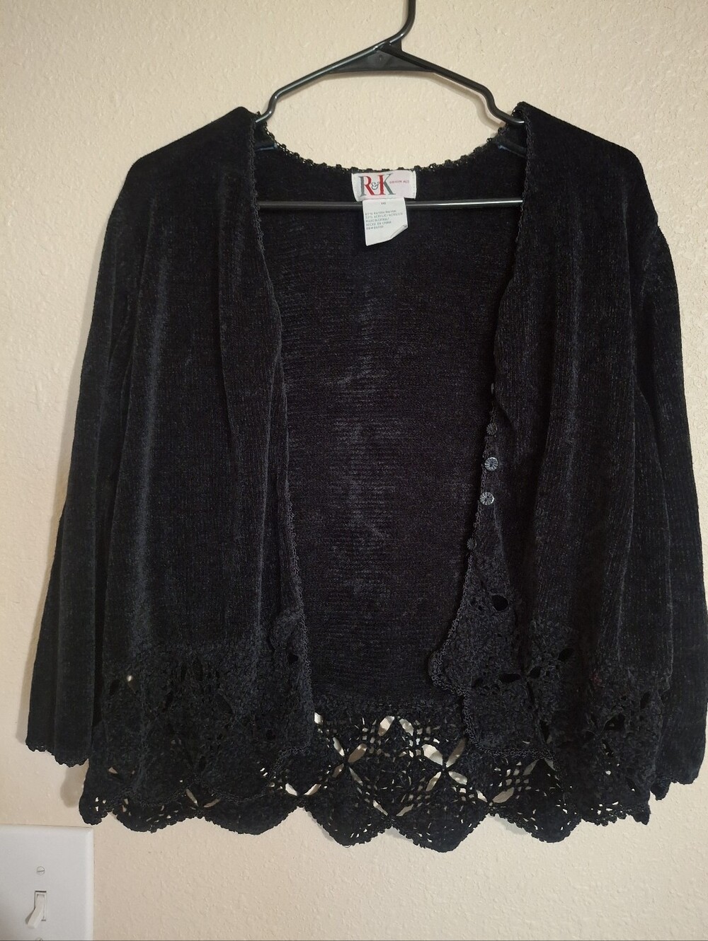 R&K Black Women's Crochet Hem Velvet Cardigan Sweater